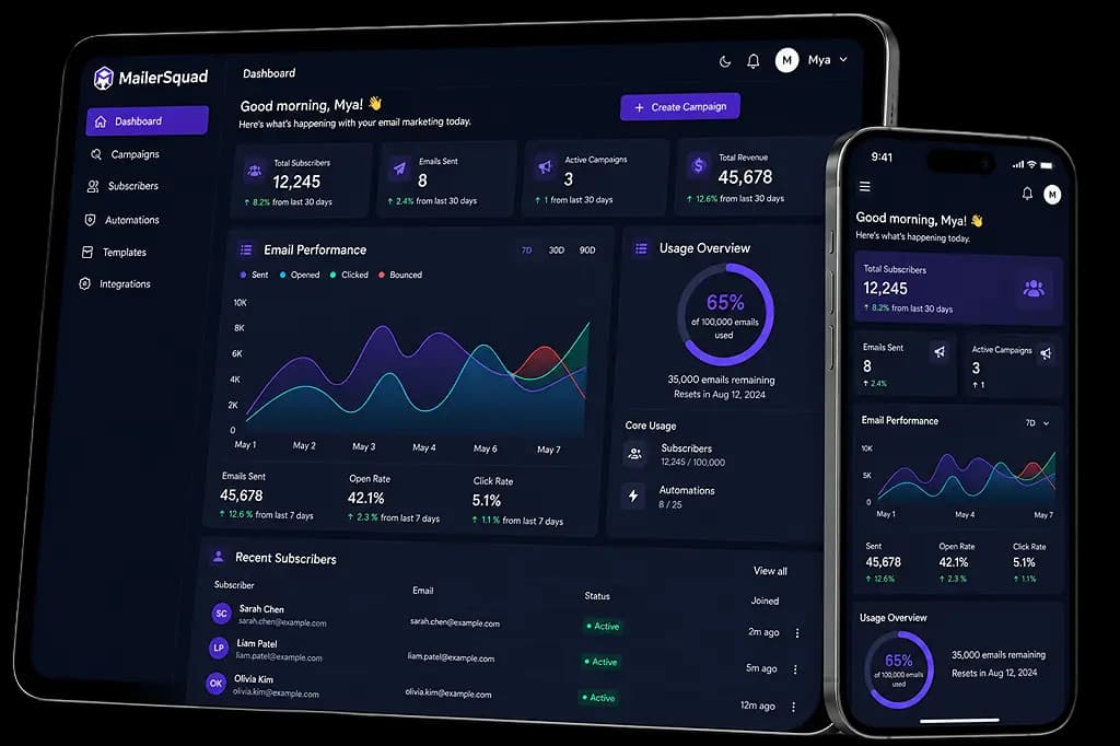 Mailer Squad dashboard showing email performance, subscriber growth, and campaign usage overview
