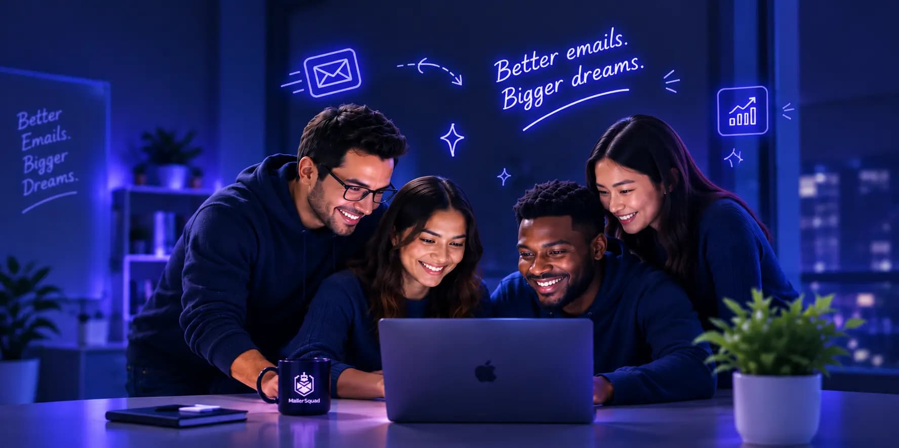 The MailerSquad team collaborating around a laptop