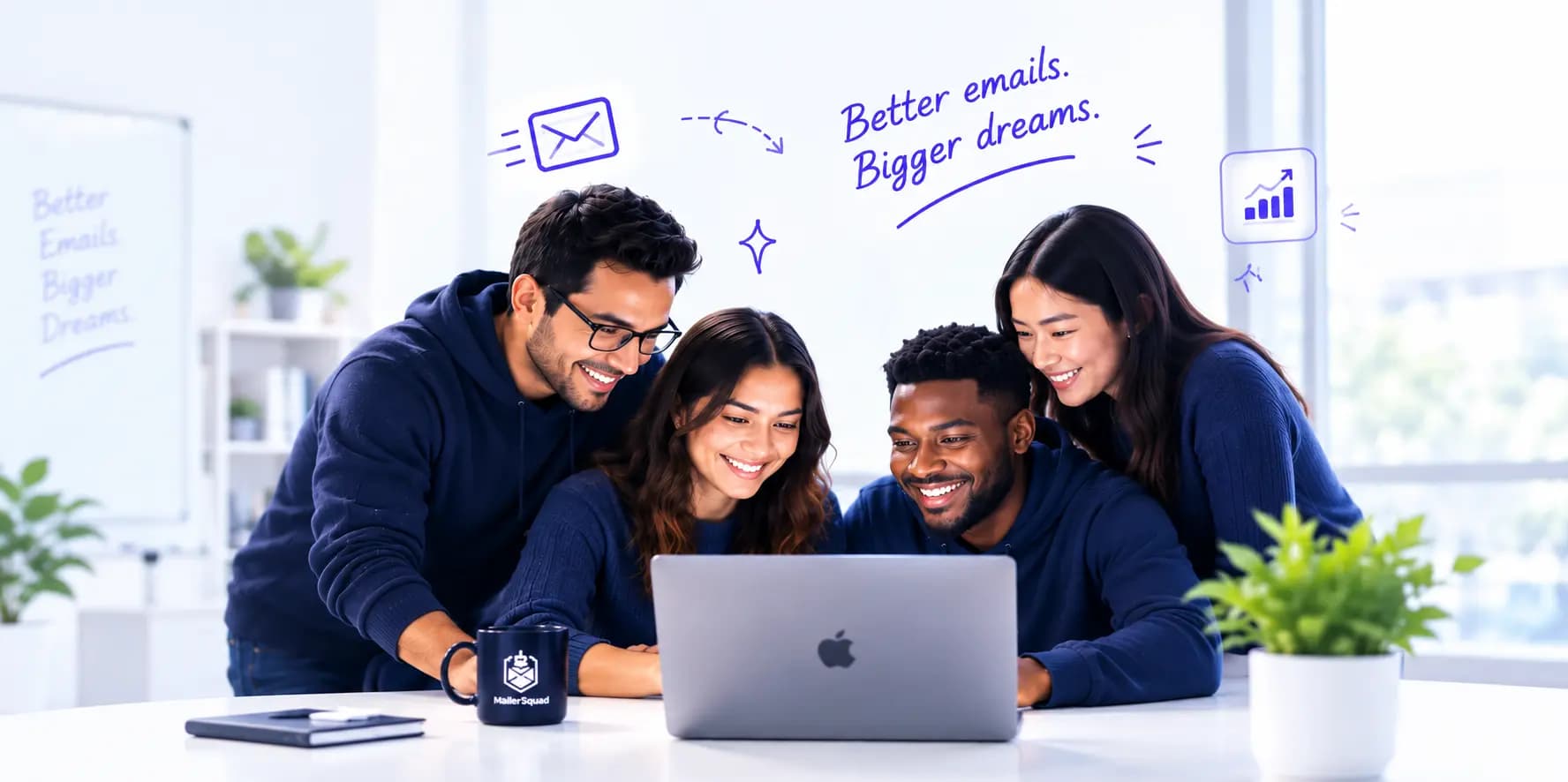 The MailerSquad team collaborating around a laptop